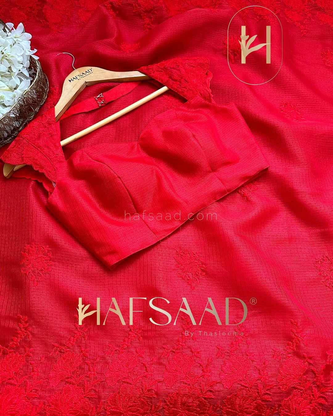 Premium Kota Silk Saree with embroidery work & with blouse piece (Vermilion Red)