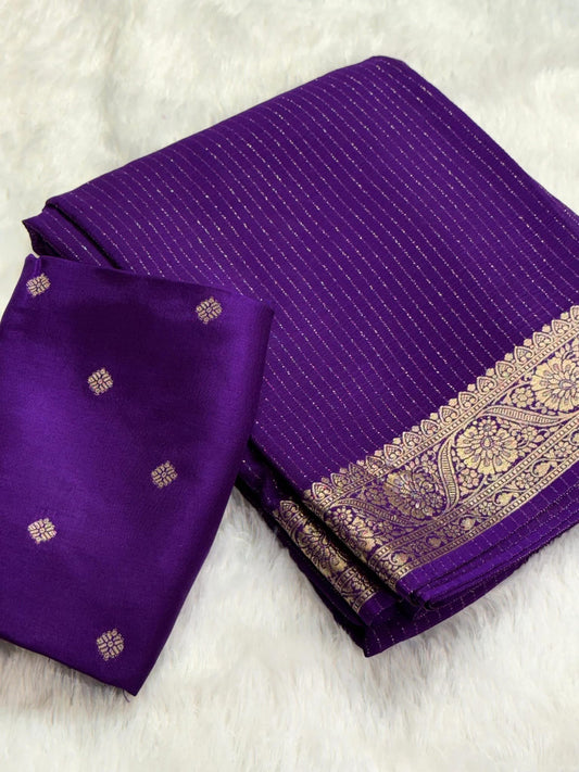 Deep Purple Chinon Silk Saree with Jari Lining Allover The Saree with Heavy Weaving Border and Pallu paired with Weaving Chinon Silk Blouse Piece