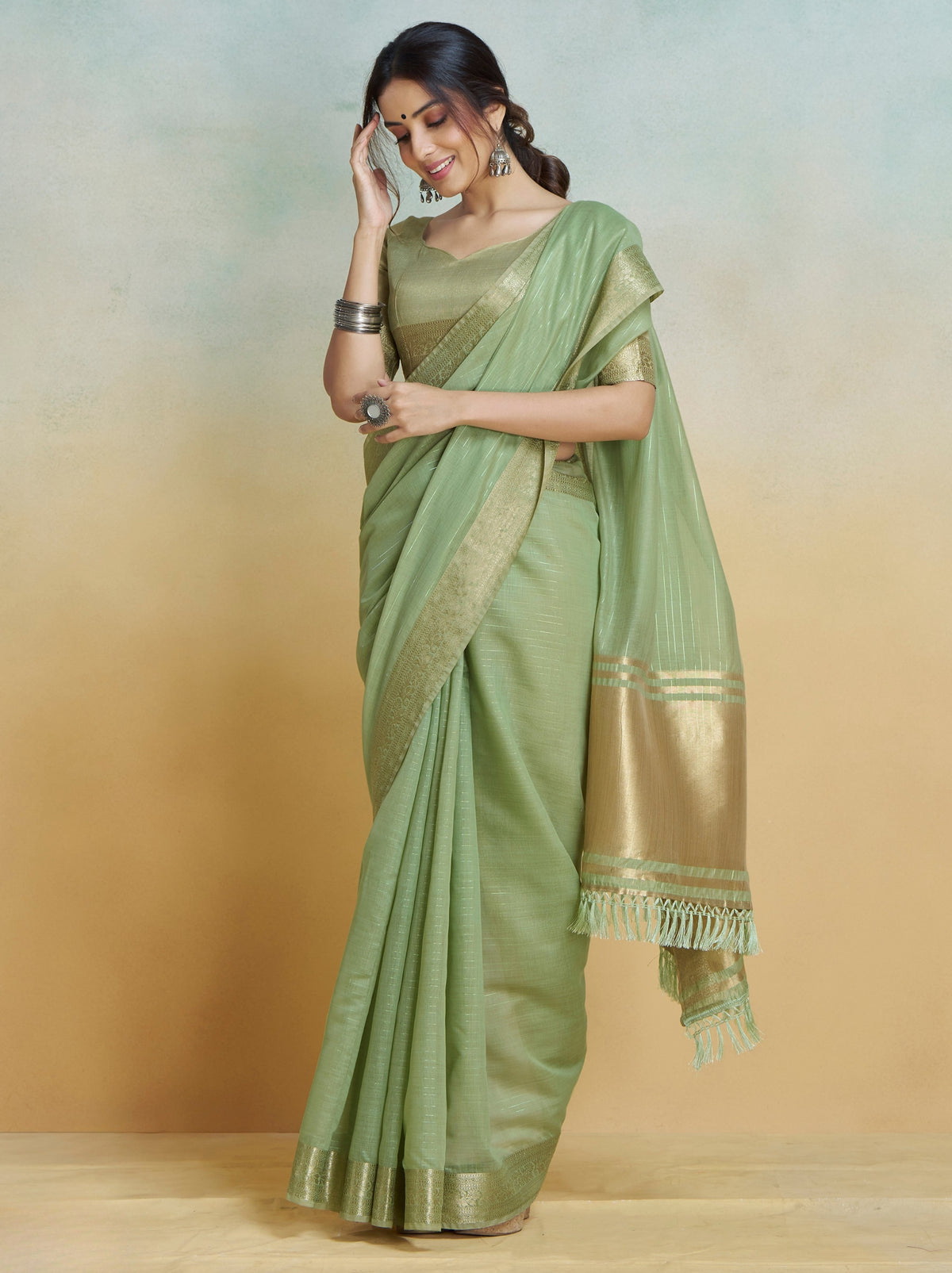 SAGE GREEN PURE HANDLOOM KHADI SILK SAREE WITH Rainbow Jari Lining All Over The Saree and Heavy Weaving Border and Pallu