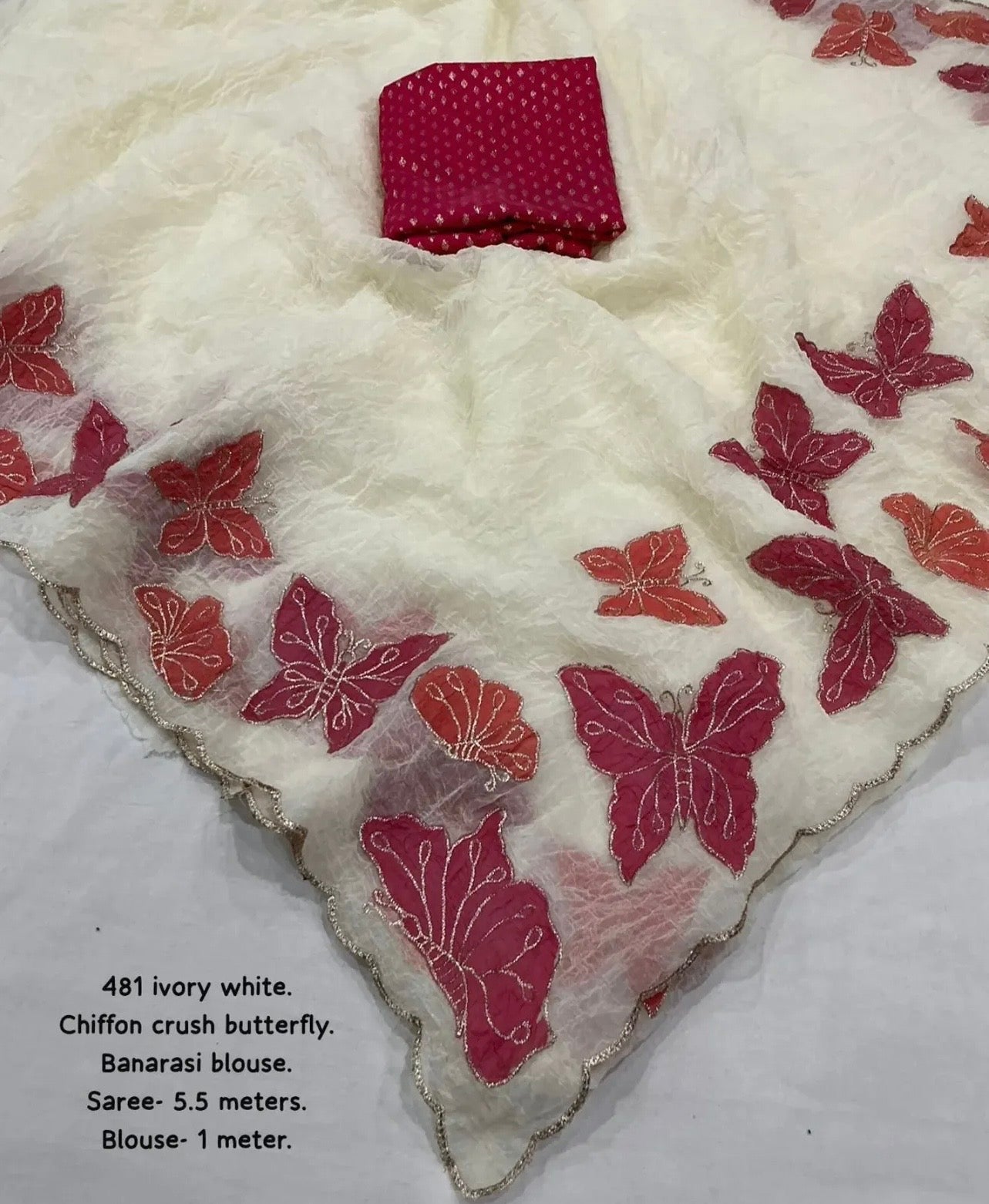 Soft ivory white crush chiffon saree with zari embroidery butterfly..
Butterfly zari outing painted by colors..
Aacro Work Jari Embroidery Border..