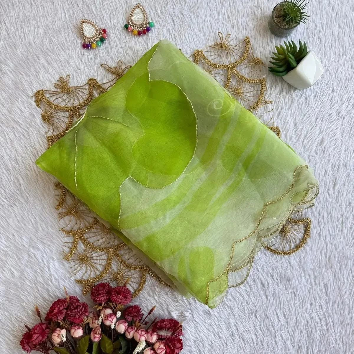Fresh Lime Green Elegant Organza hand work Khatli and Pearl Work saree with digital print blouse piece