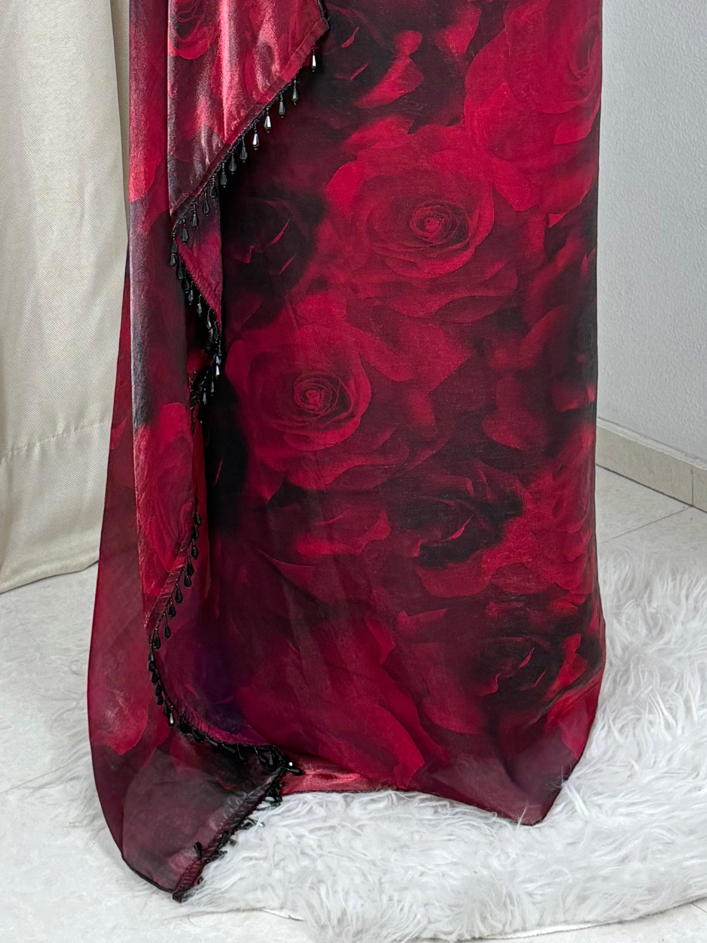 Fandy Satin floral pattern Saree with heavy bead-work blouse