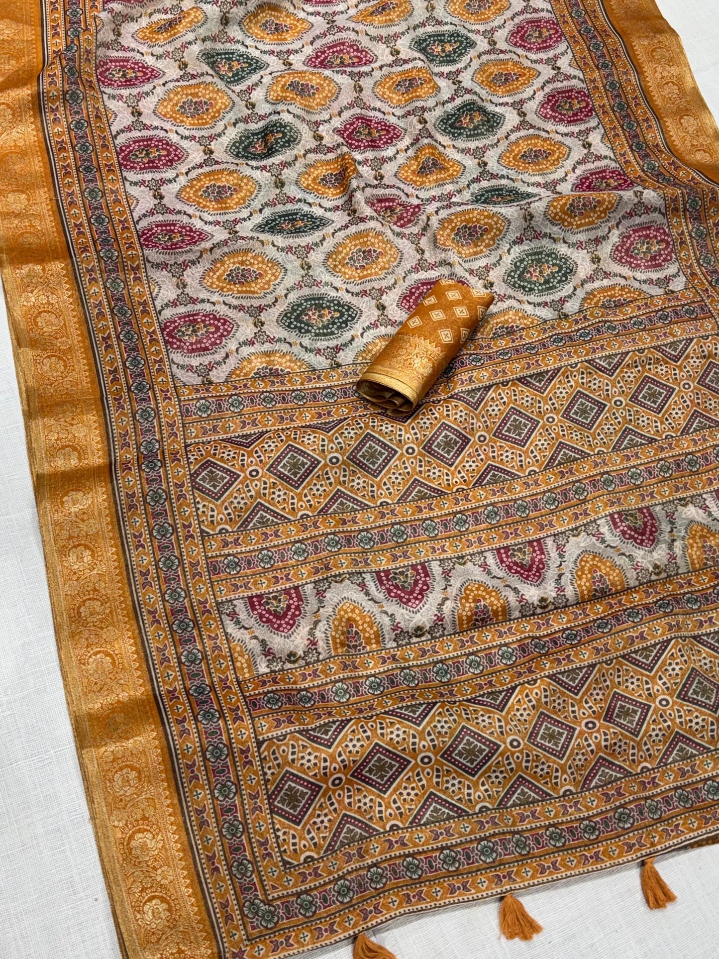 Ajrakh Printed saree with Mustard Yellow Color zari jacquard border