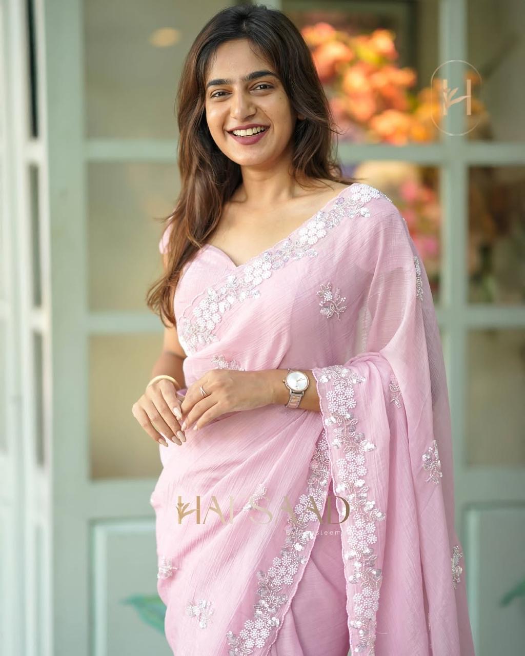 Soft Pink canvas kissed with twinkling charm Chiffon Silk Saree with Heavy Handwork with Beads work, Khatli Work, Sequins Work and Aacro Border