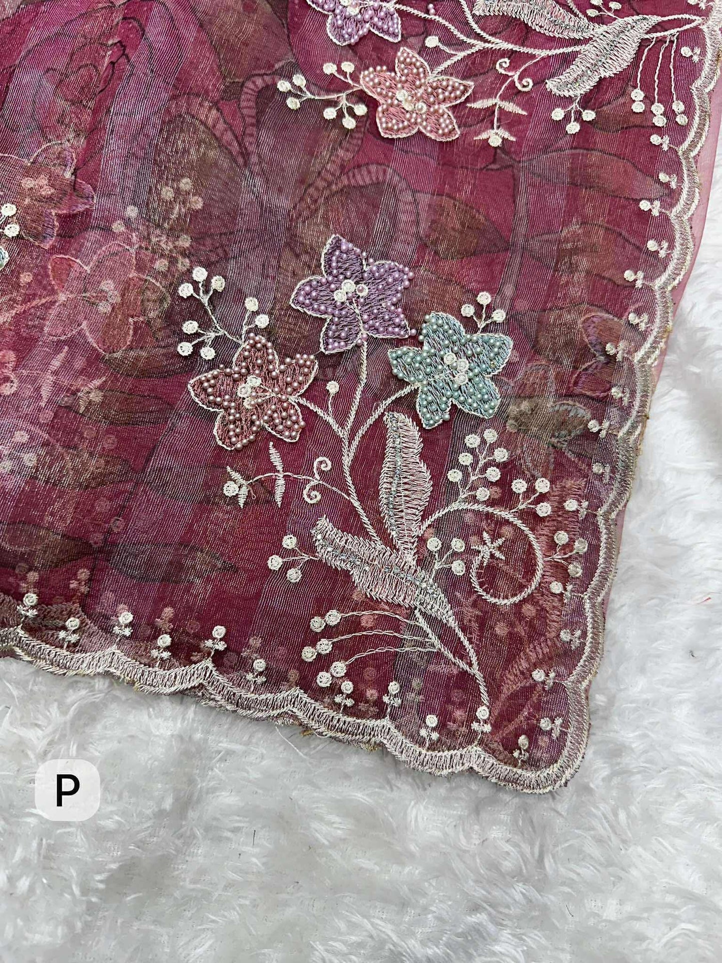 Pink Shaded Pure Tissue Saree with Thread Embroidery work, Pearl stone work in full saree with Silver and Gold zari weaving stripes