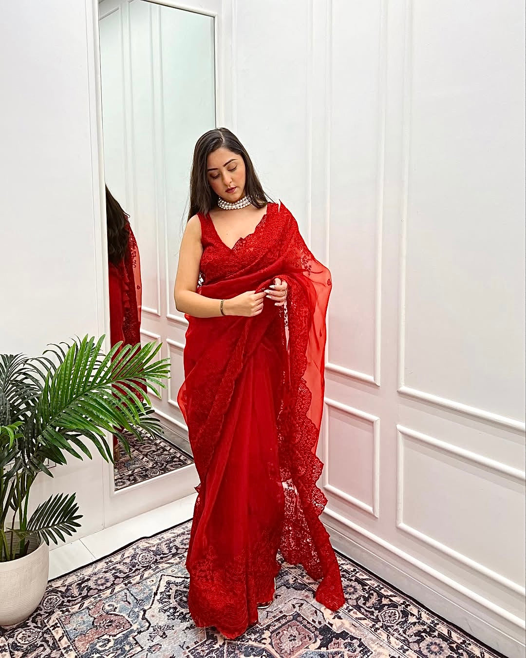 Vermillion Red Color Organza Saree embellished with dori, Hand embroidery and cut-work