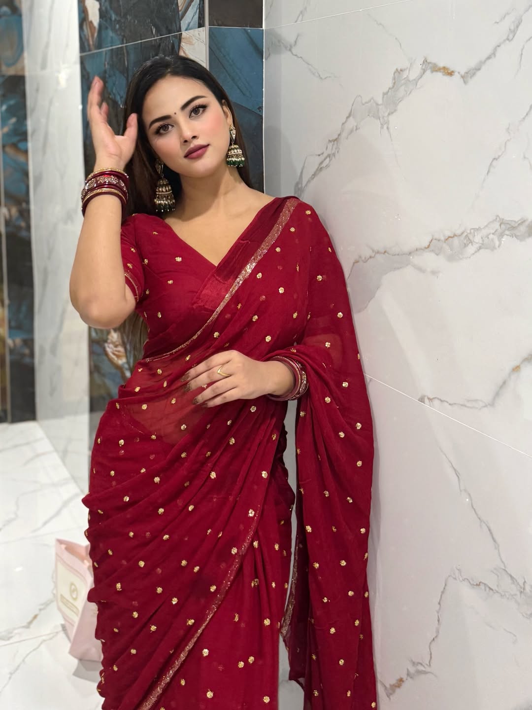DEEP MAROON Viscose Georgette Saree with Jari Weaving Satin Border and Sequins Work allover the body