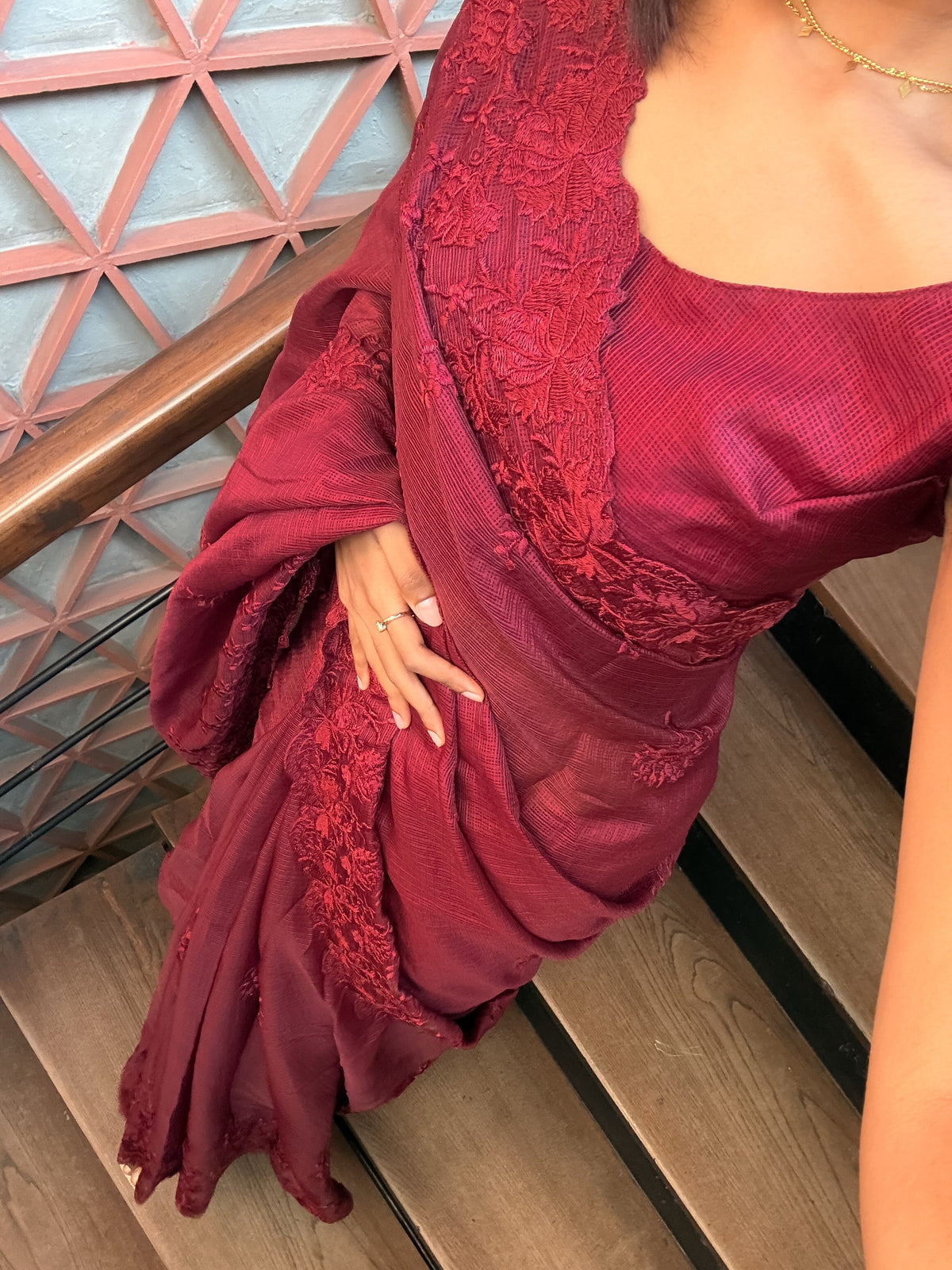 Premium Dark Maroon Kota Embroidery Saree with Unstitched Blouse Piece