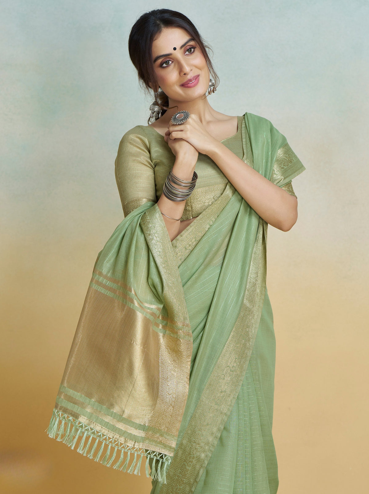 SAGE GREEN PURE HANDLOOM KHADI SILK SAREE WITH Rainbow Jari Lining All Over The Saree and Heavy Weaving Border and Pallu