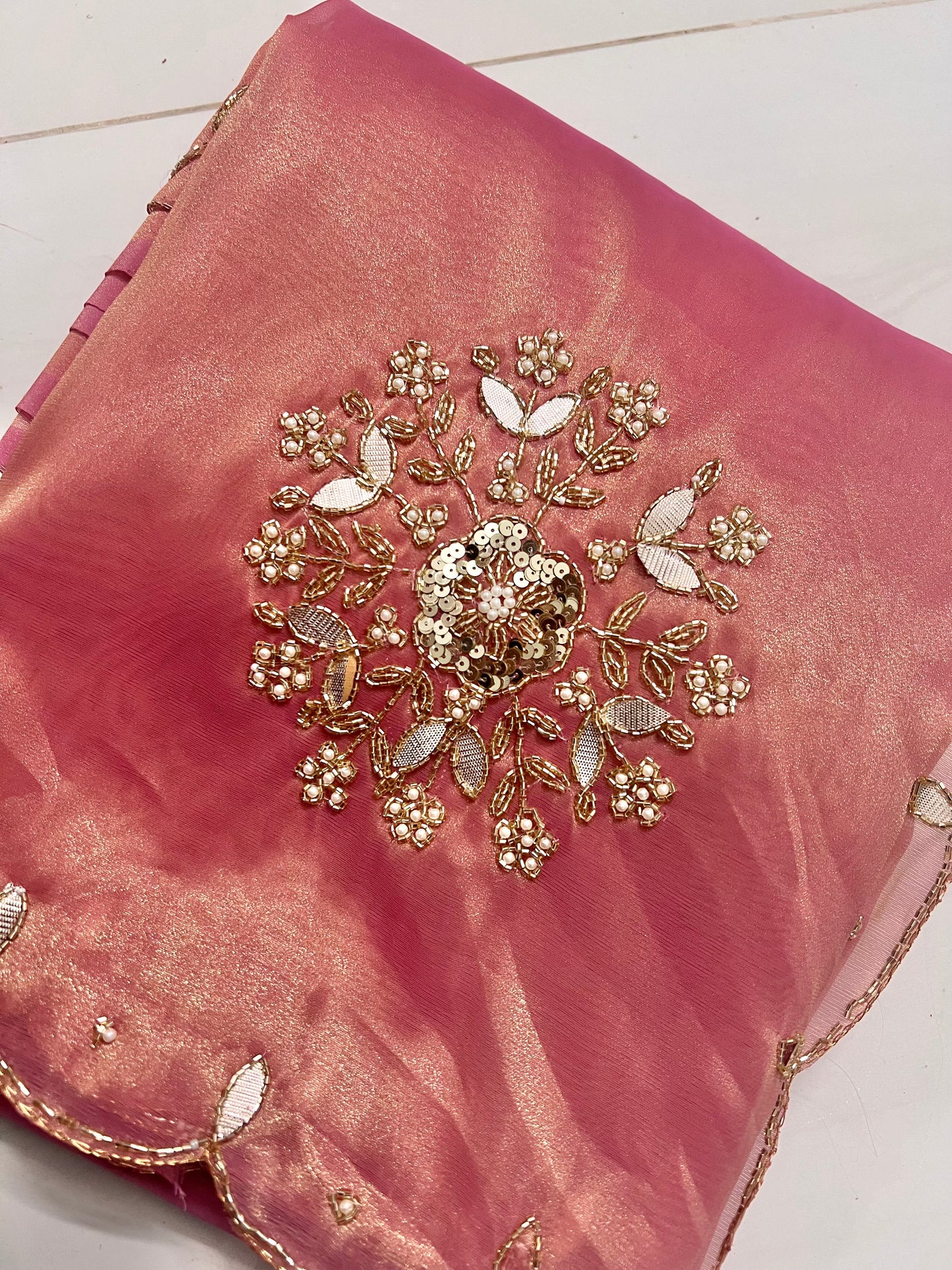 Soft Blush Pink and Faded Gold Dual Toned Tissue Silk Saree