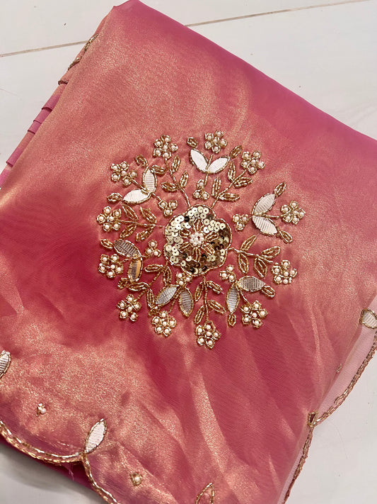 Soft Blush Pink and Faded Gold Dual Toned Tissue Silk Saree
