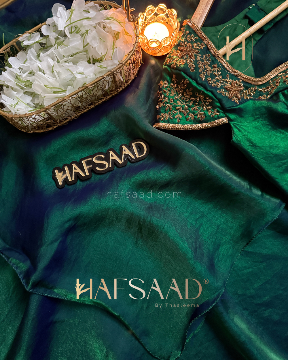 EMERALD GREEN Stardust Satin Saree paried with Same Material Blouse with Artisanal Handwork