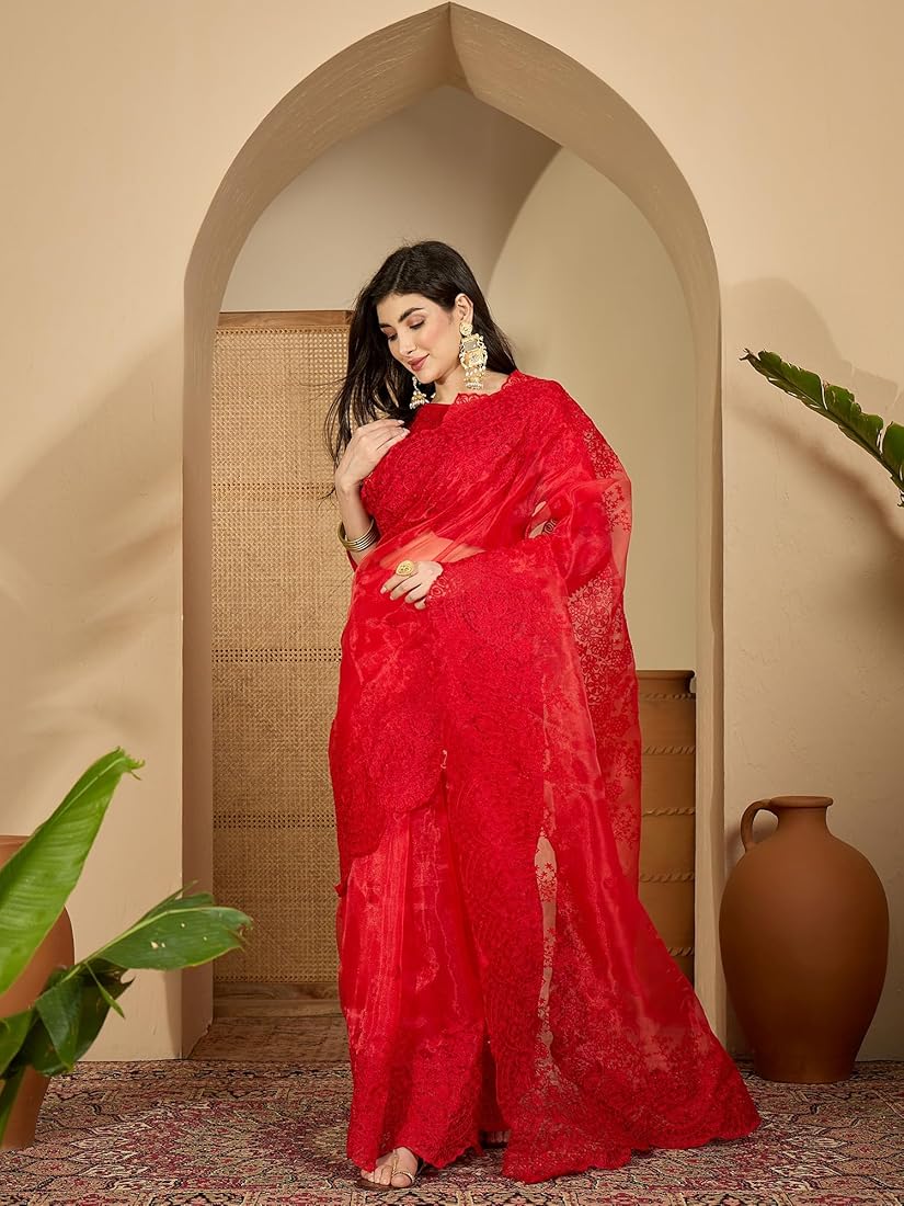 Vermillion Red Color Organza Silk Saree
