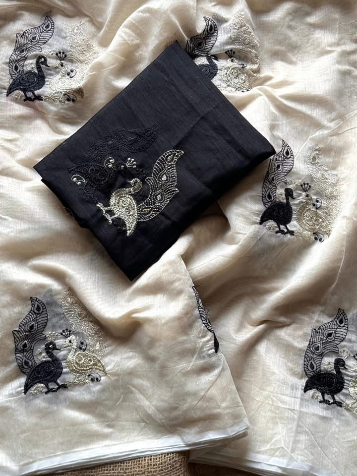 Premium Chanderi saree with peacock embroidery work Teamed with pure khadhi cotton embroidery work Unstitched Blouse Piece