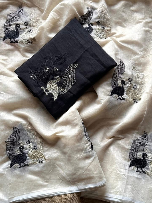 Premium Chanderi saree with peacock embroidery work Teamed with pure khadhi cotton embroidery work Unstitched Blouse Piece