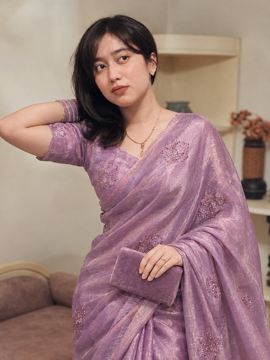 Onion Pink Premium Fendi Silk Saree with Beadwork & Viscose Thread Embroidery