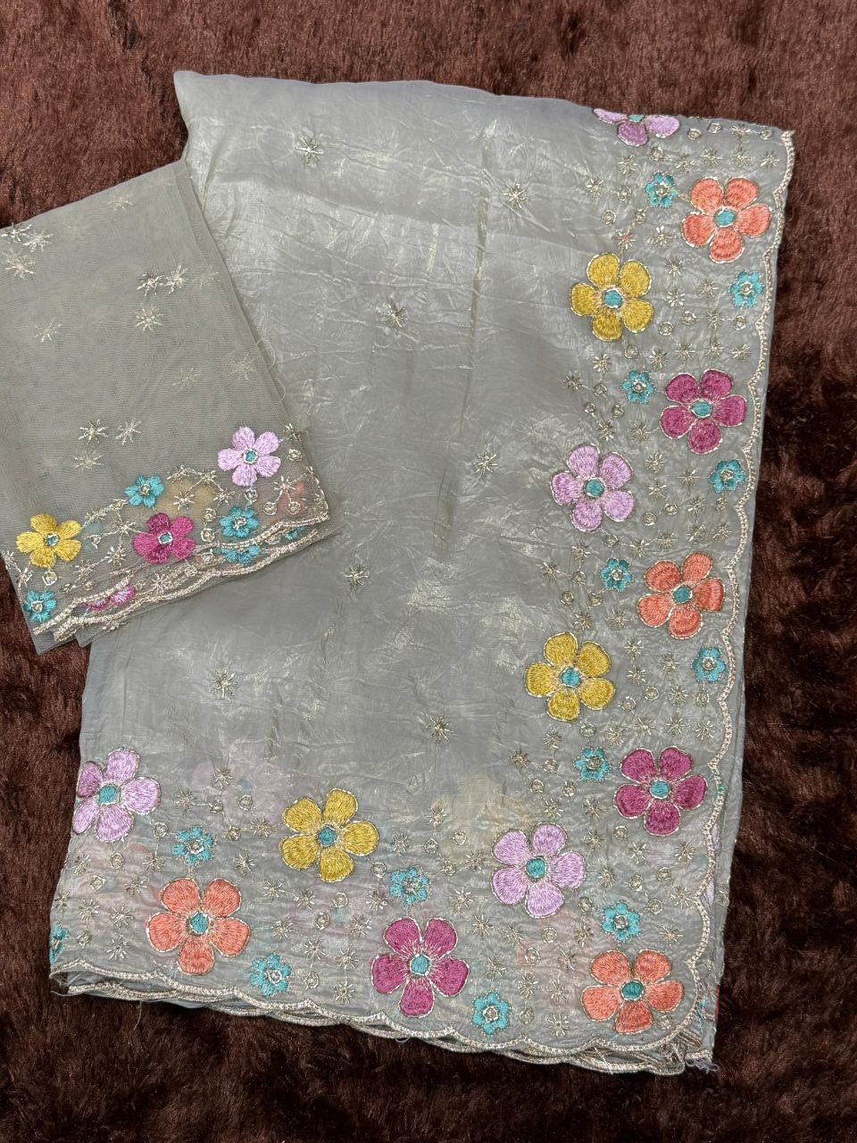 Soft Crushed Sufi Silk Saree DUSTY BEIGE COLOR adorned with exquisite beads embroidery that speaks elegance in every thread Perfect for any celebration