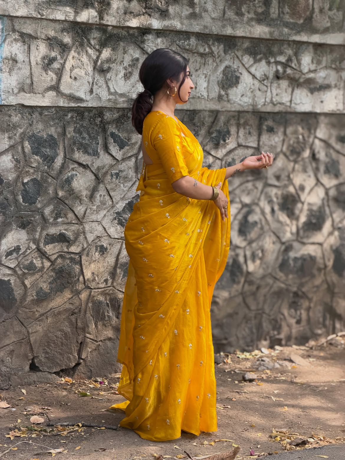 MUSTARD YELLOW Color Stardust Satin Saree