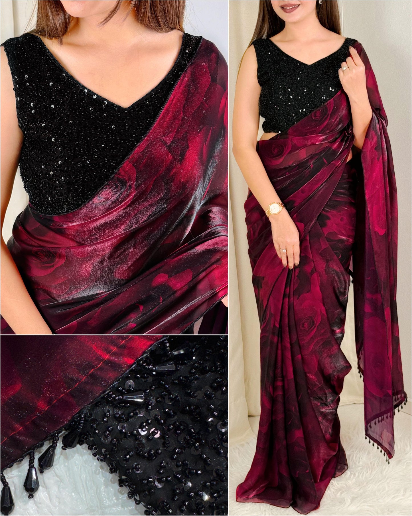 Fandy Satin floral pattern Saree with heavy bead-work blouse