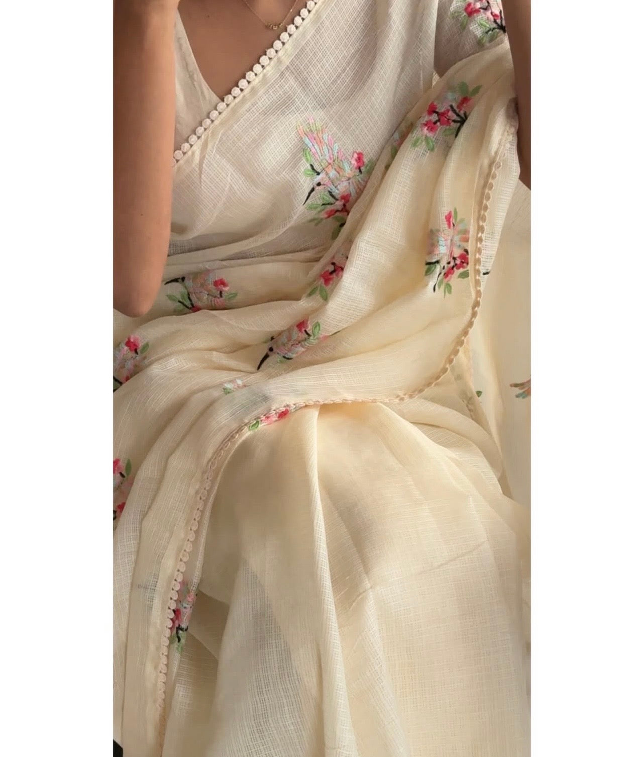 IVORY Color Premium Kota Dariya Colorful BIRD 🦅 Embroidery Saree