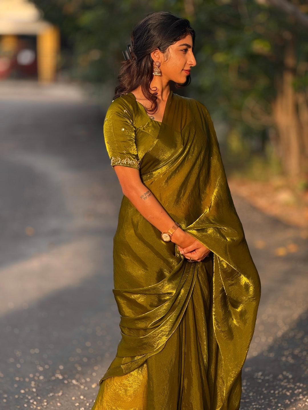 Olive Tone green space silk saree