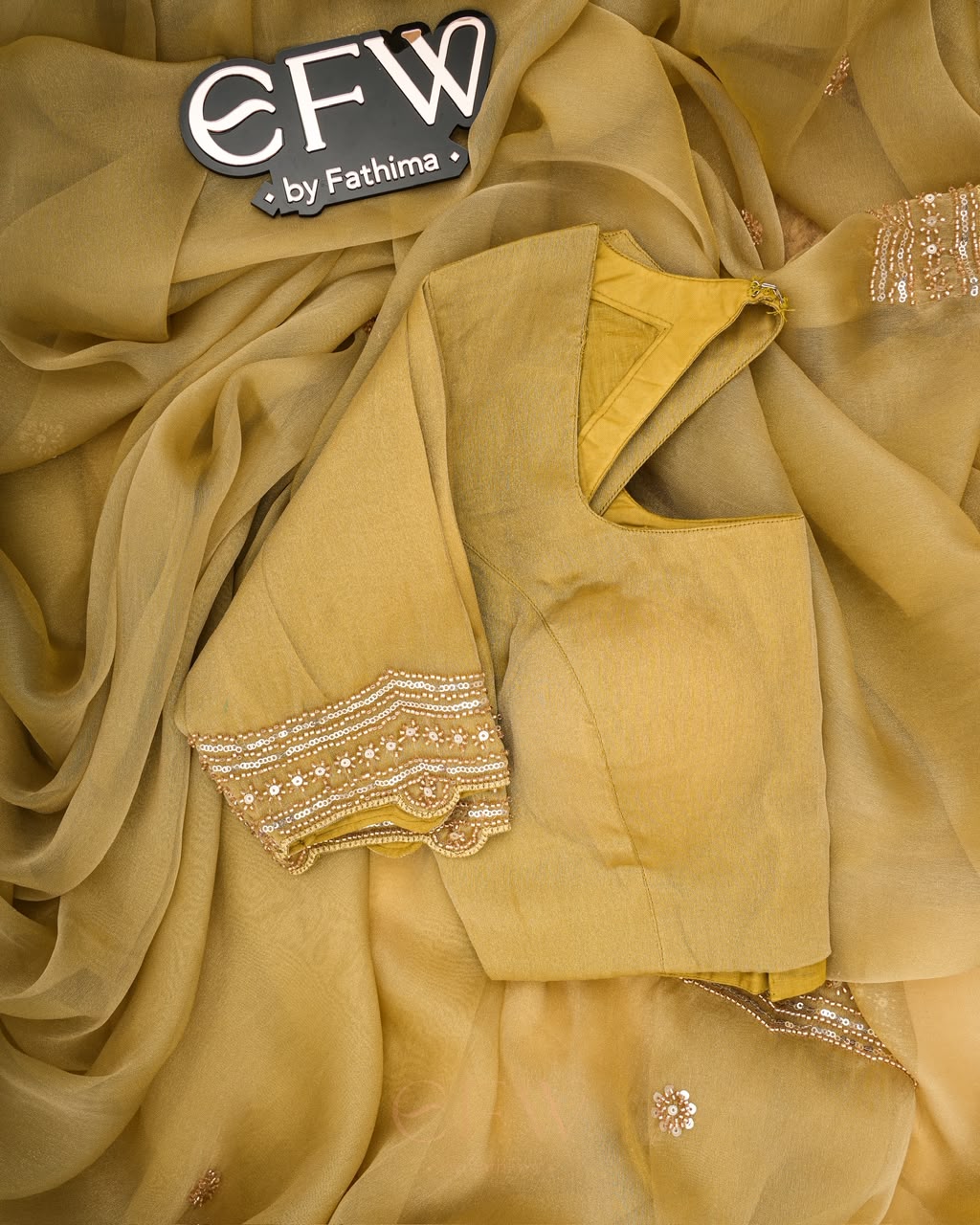CHARTREUSE OLIVE Color Tissue Chiffon Saree