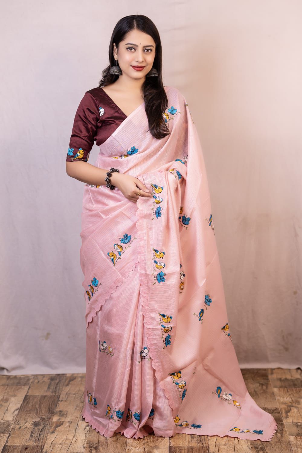Soft PINK Color Kota Silk Saree with Bird Style Embroidery