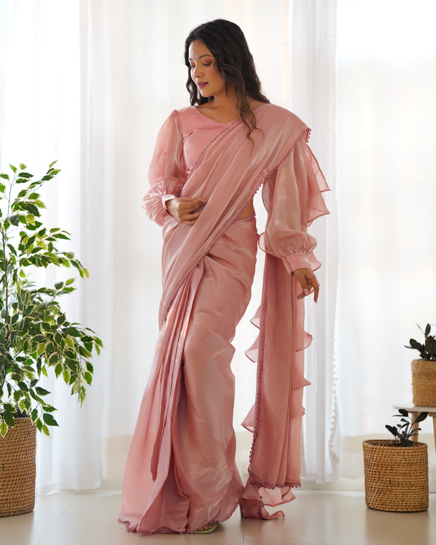 DUSTY ROSE Color PREMIUM QUALITY ORGANZA Saree Ready to Wear with STITCHED BLOUSE