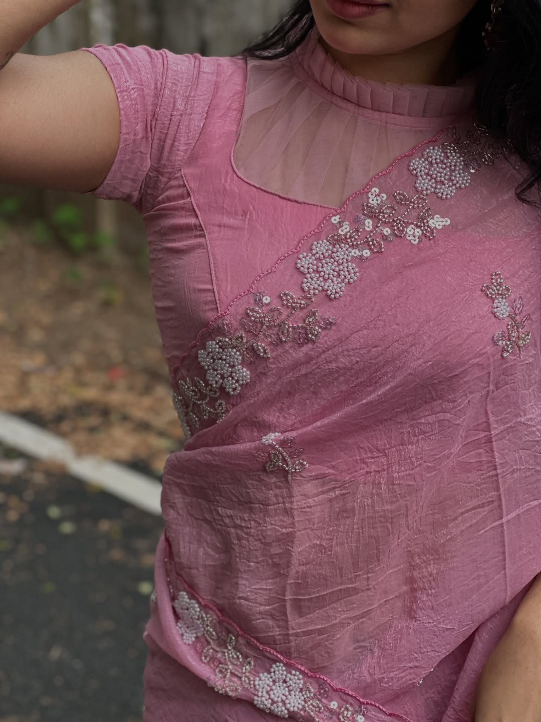 Soft Pink Chiffon Silk Saree Heavy Handwork with Beads work, Khatli Work, Sequins Work and Aacro Border