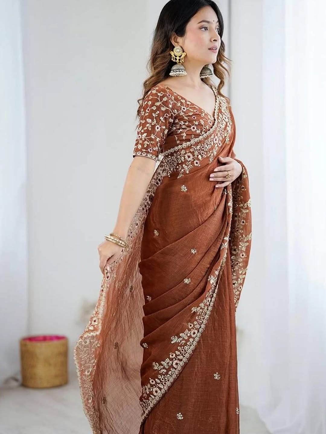 Premium Soft Fendy Chiffon Silk Saree with Embroidery Sequins Work and Thread Work