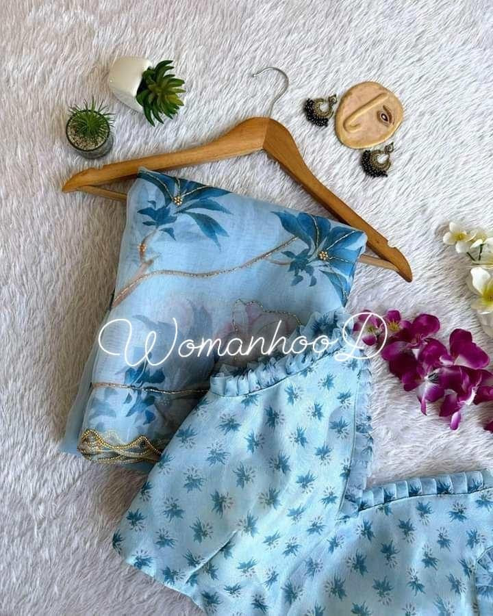 Organza Saree with Pearl and Khatli Work Powder Blue Color