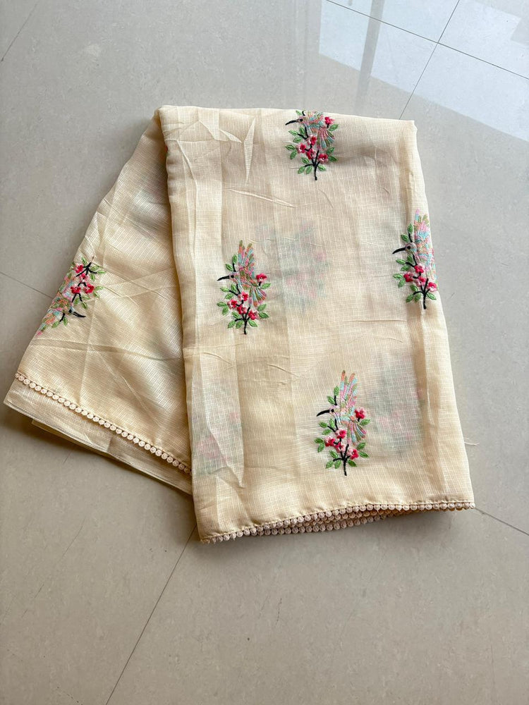 IVORY Color Premium Kota Dariya Colorful BIRD 🦅 Embroidery Saree