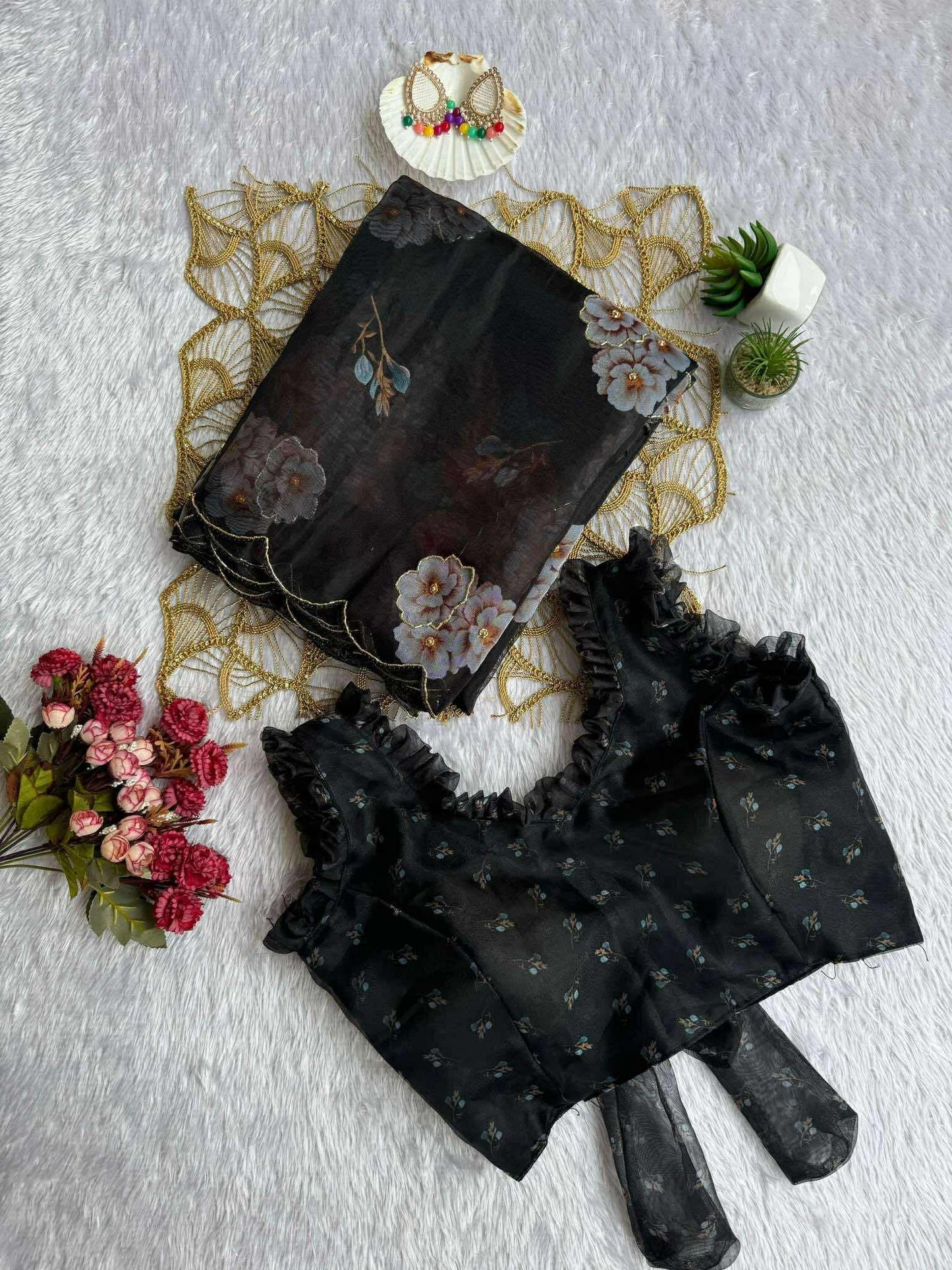 Pure Black Organza hand work Khatli and Pearl Work saree with digital print blouse piece