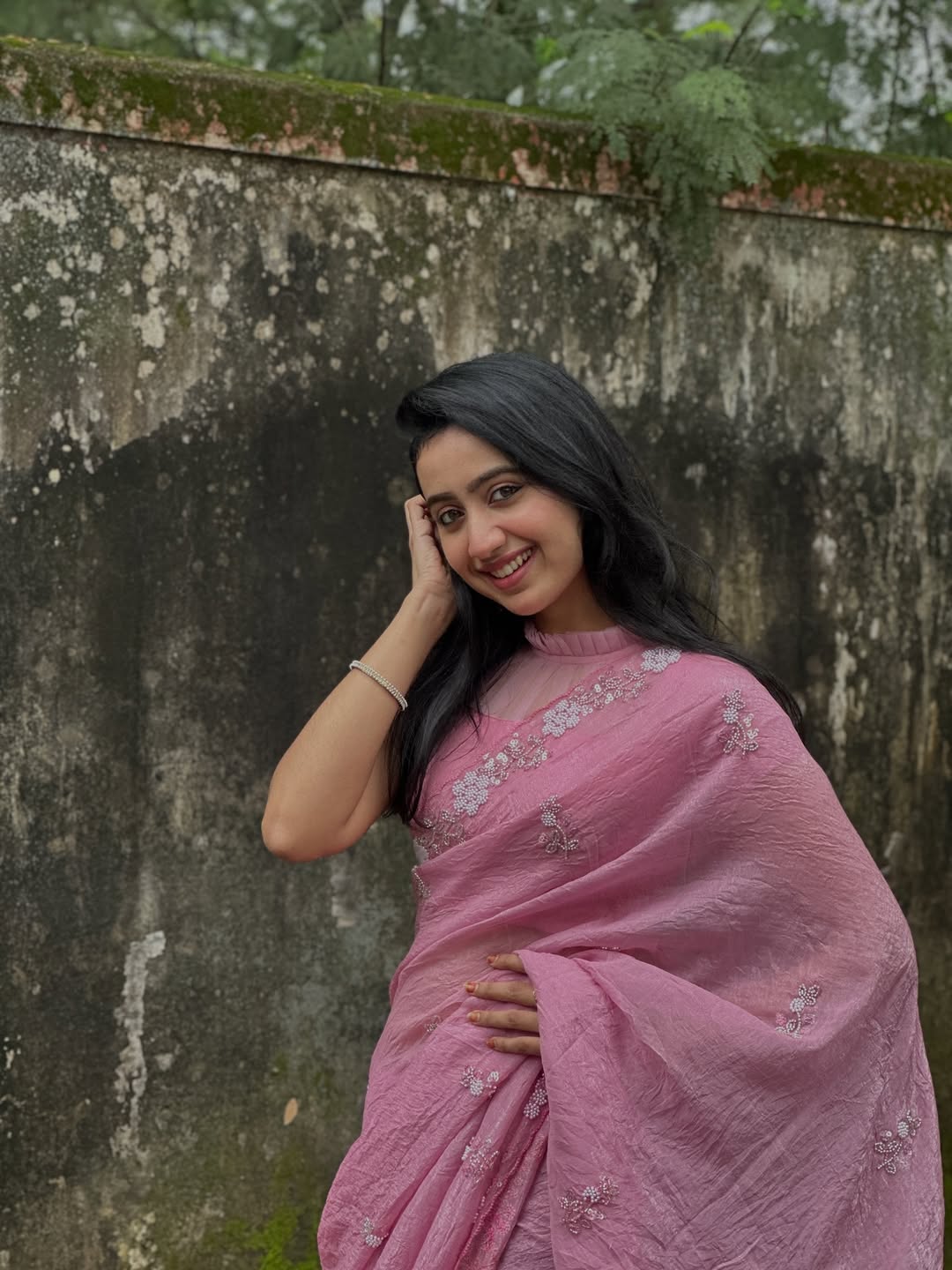 Soft Pink Chiffon Silk Saree Heavy Handwork with Beads work, Khatli Work, Sequins Work and Aacro Border