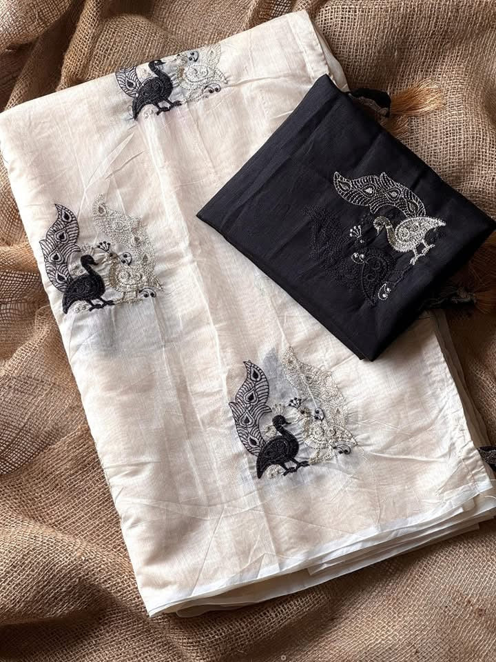 Premium Chanderi saree with peacock embroidery work Teamed with pure khadhi cotton embroidery work Unstitched Blouse Piece