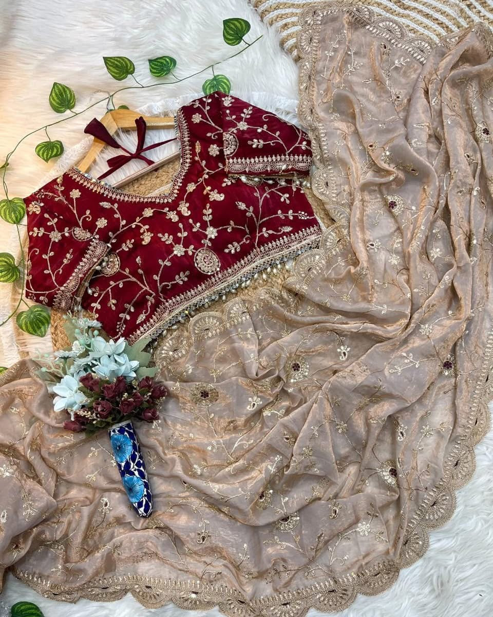 Fendi Satin Silk Saree with beautiful embroidery 3 mm sequence work jhal in all over saree nd heavy border with cutwork
Paired with fully stiched blouse