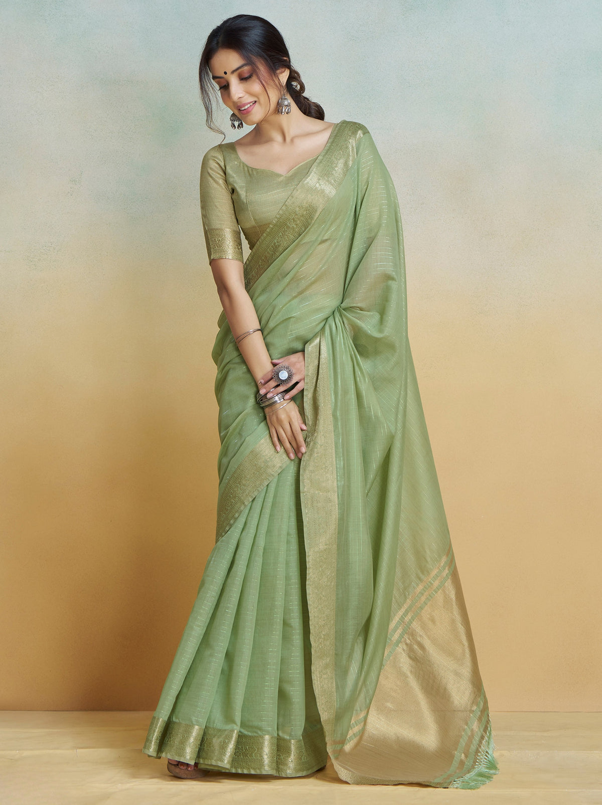 SAGE GREEN PURE HANDLOOM KHADI SILK SAREE WITH Rainbow Jari Lining All Over The Saree and Heavy Weaving Border and Pallu