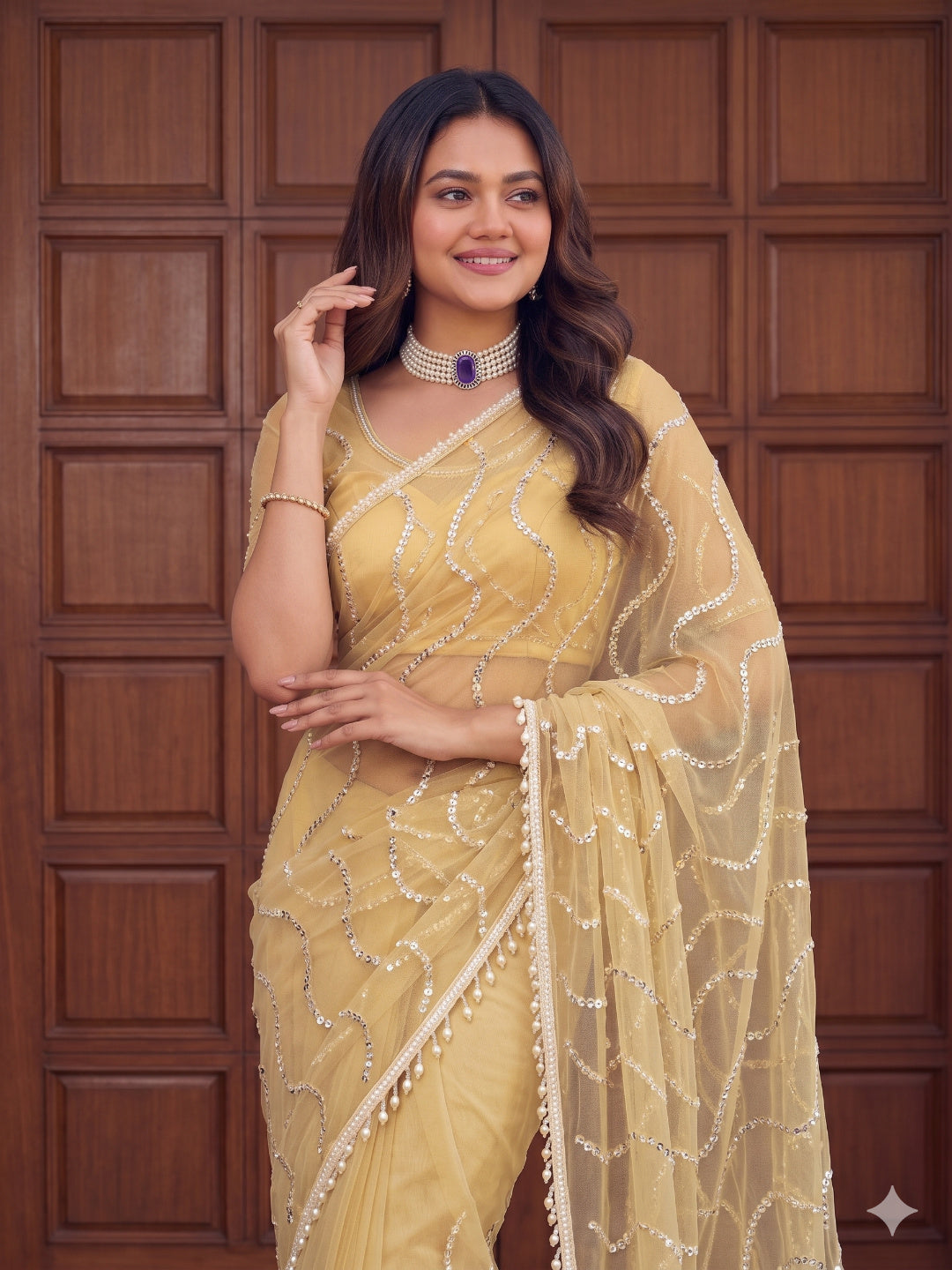 PASTEL YELLOW Color Net Saree with Designer work