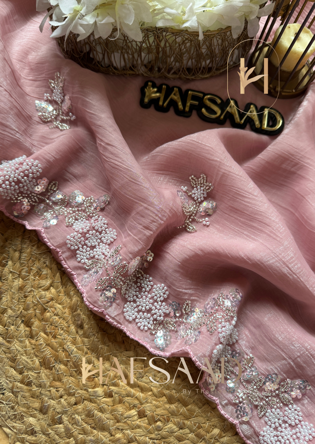 Soft Pink Chiffon Silk Saree Heavy Handwork with Beads work, Khatli Work, Sequins Work and Aacro Border