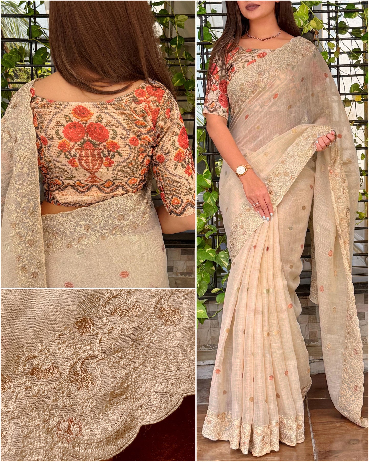 WARM IVORY Color Linen Cotton Saree with Three different shades Jari weaving butti