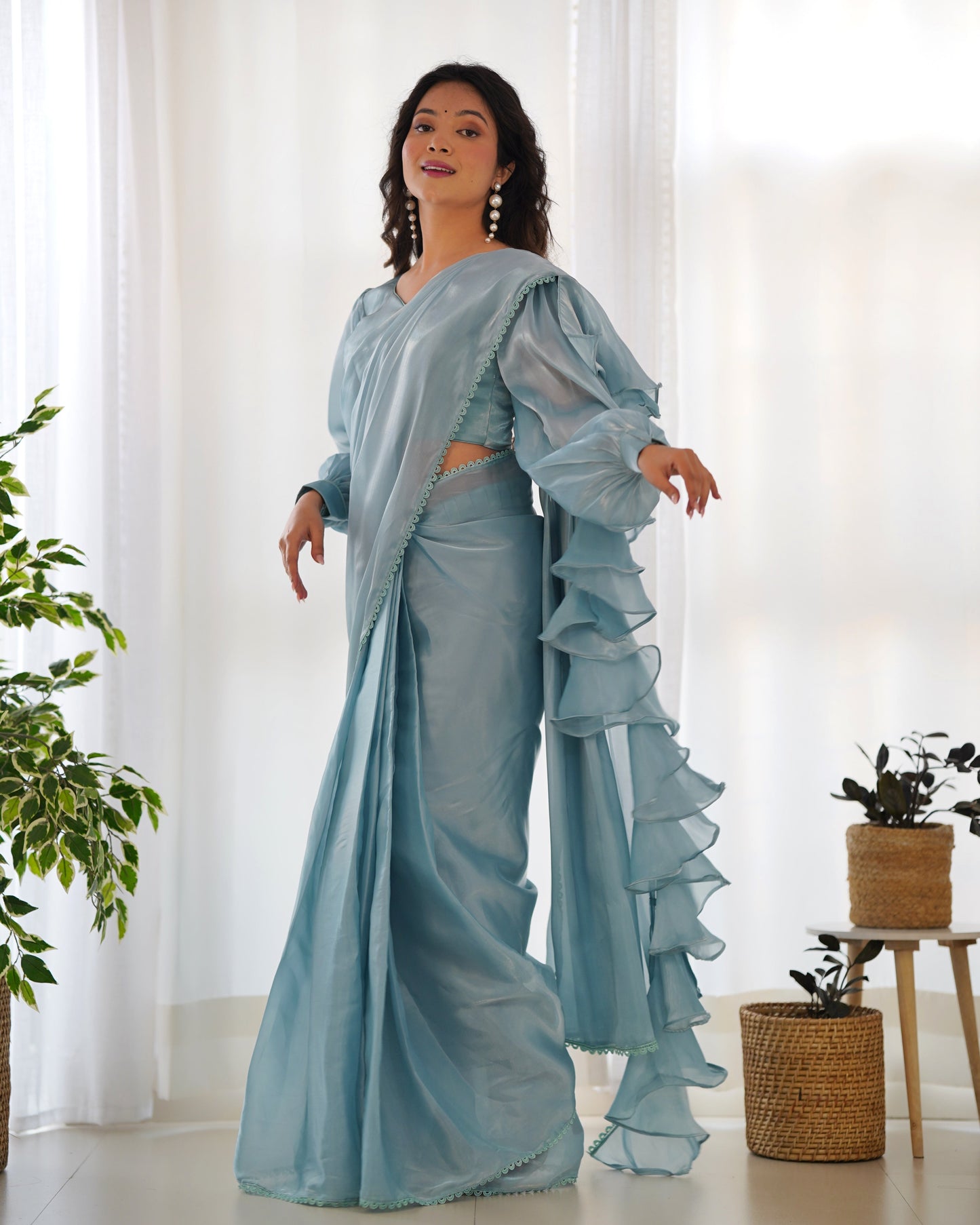 SEAFOAM BLUE Color PREMIUM QUALITY ORGANZA Saree with STITCHED BLOUSE
