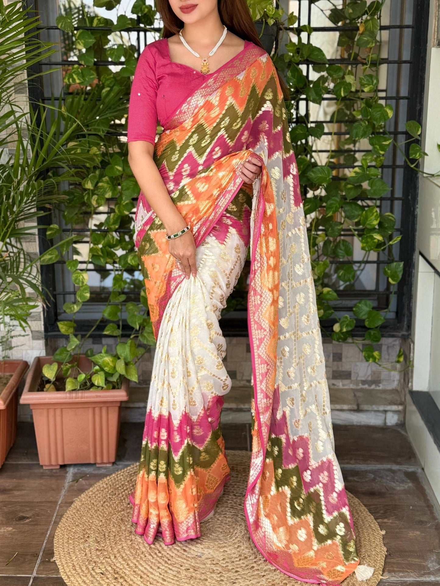 Multicoloured Geometric Ikkat Patterned Georgette Saree