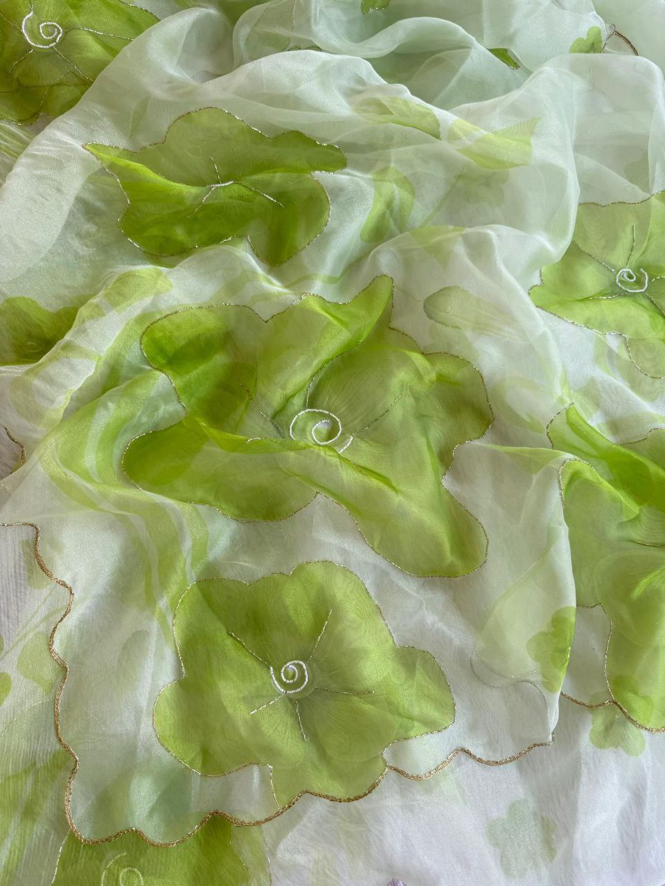 Fresh Lime Green Elegant Organza hand work Khatli and Pearl Work saree with digital print blouse piece