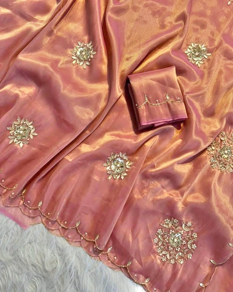 Soft Blush Pink and Faded Gold Dual Toned Tissue Silk Saree