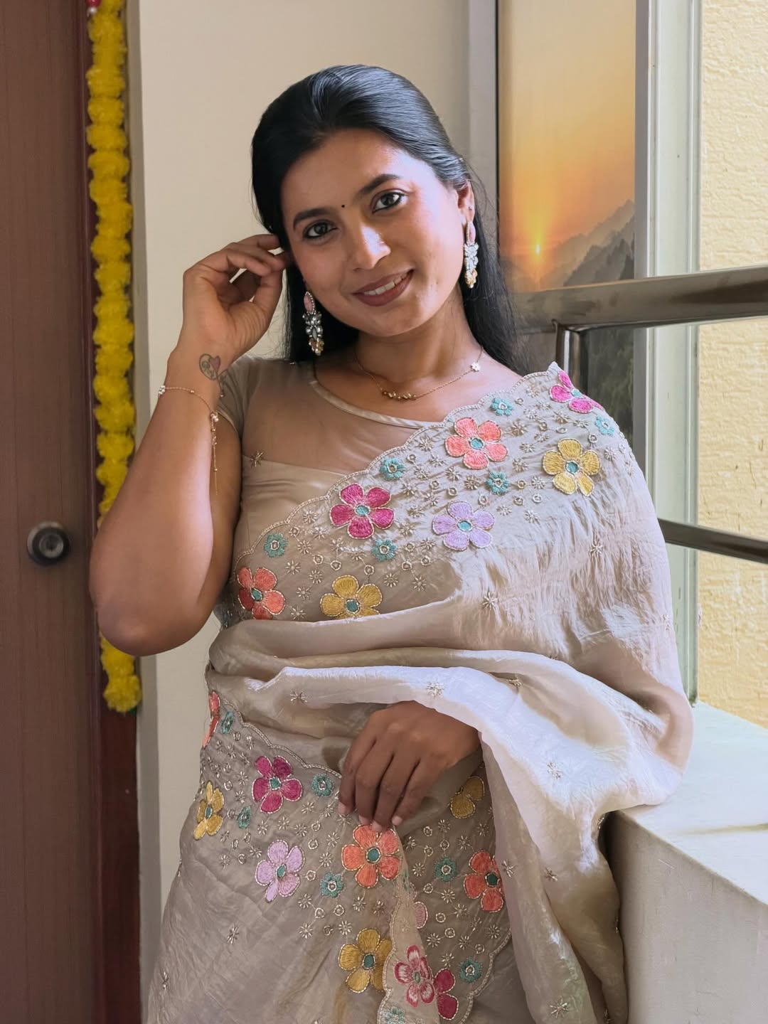 SMOKEY TAUPE COLOR Soft Crushed Sufi Silk Saree