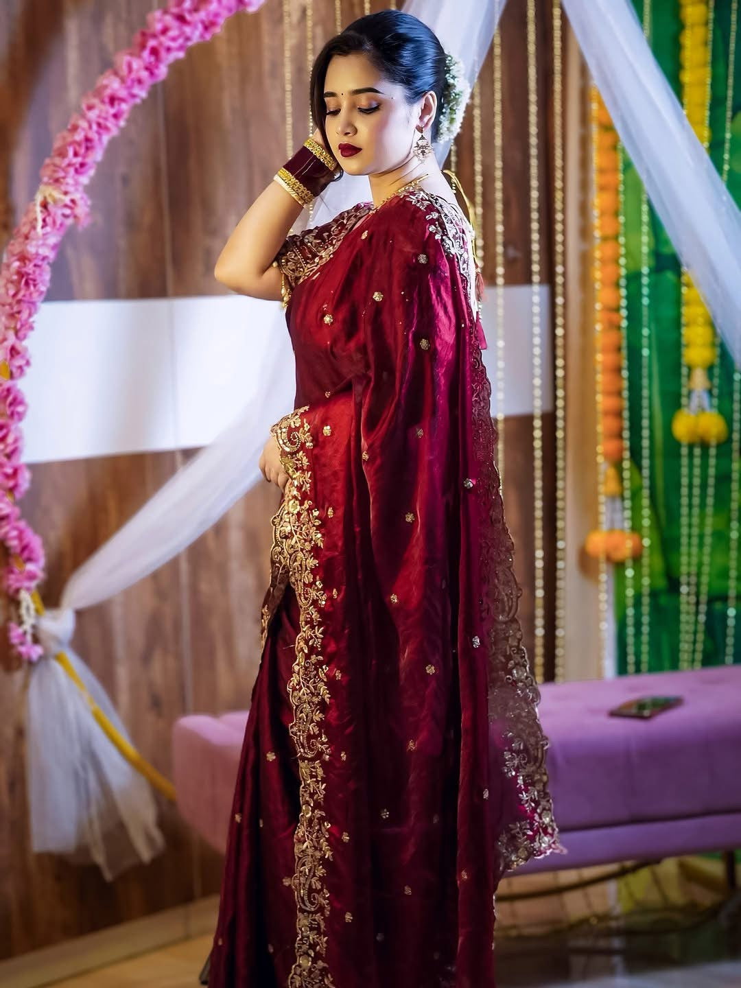 Maroon space silk embroidery saree