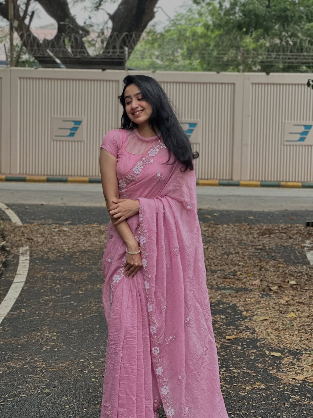 Soft Pink Chiffon Silk Saree Heavy Handwork with Beads work, Khatli Work, Sequins Work and Aacro Border