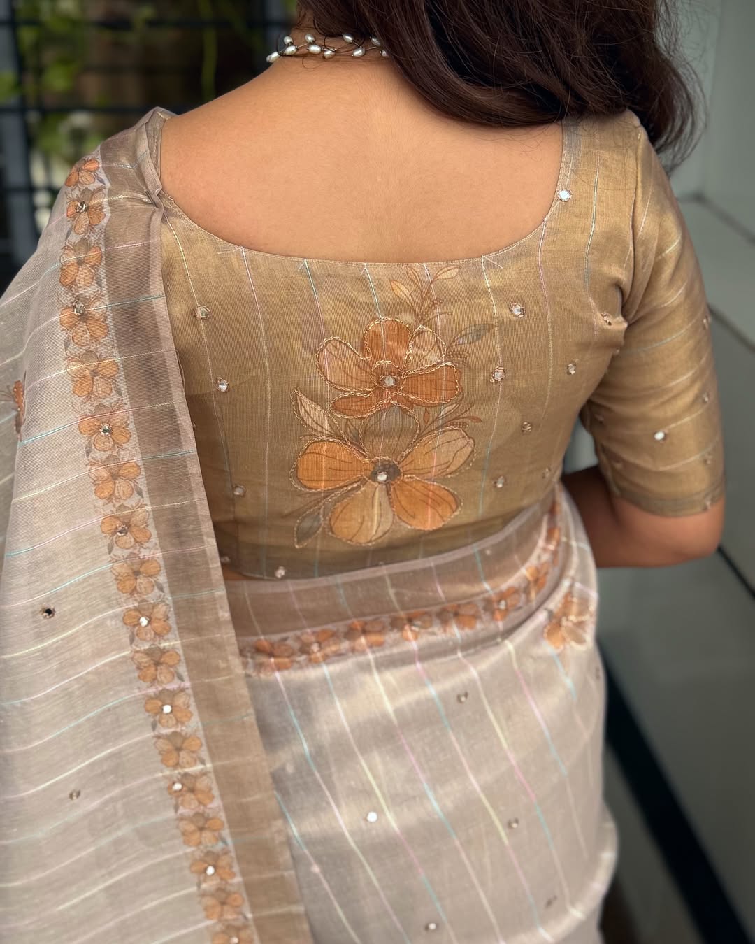 Tissue Silk Digital Print Saree with rainbow zari sequin lining and Aari Embroidered postion work with mirror work..stylish pearl latkan in saree pallu..
Blouse with rainbow Zari Sequins lining and Hand aari & mirror work