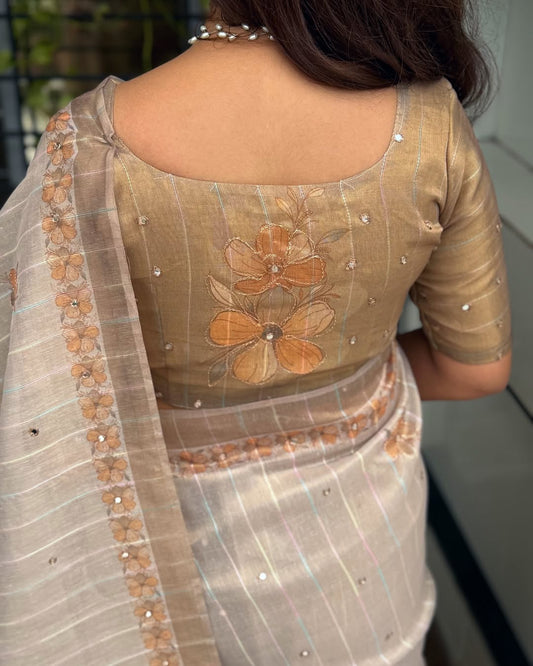 Tissue Silk Digital Print Saree with rainbow zari sequin lining and Aari Embroidered postion work with mirror work..stylish pearl latkan in saree pallu..
Blouse with rainbow Zari Sequins lining and Hand aari & mirror work