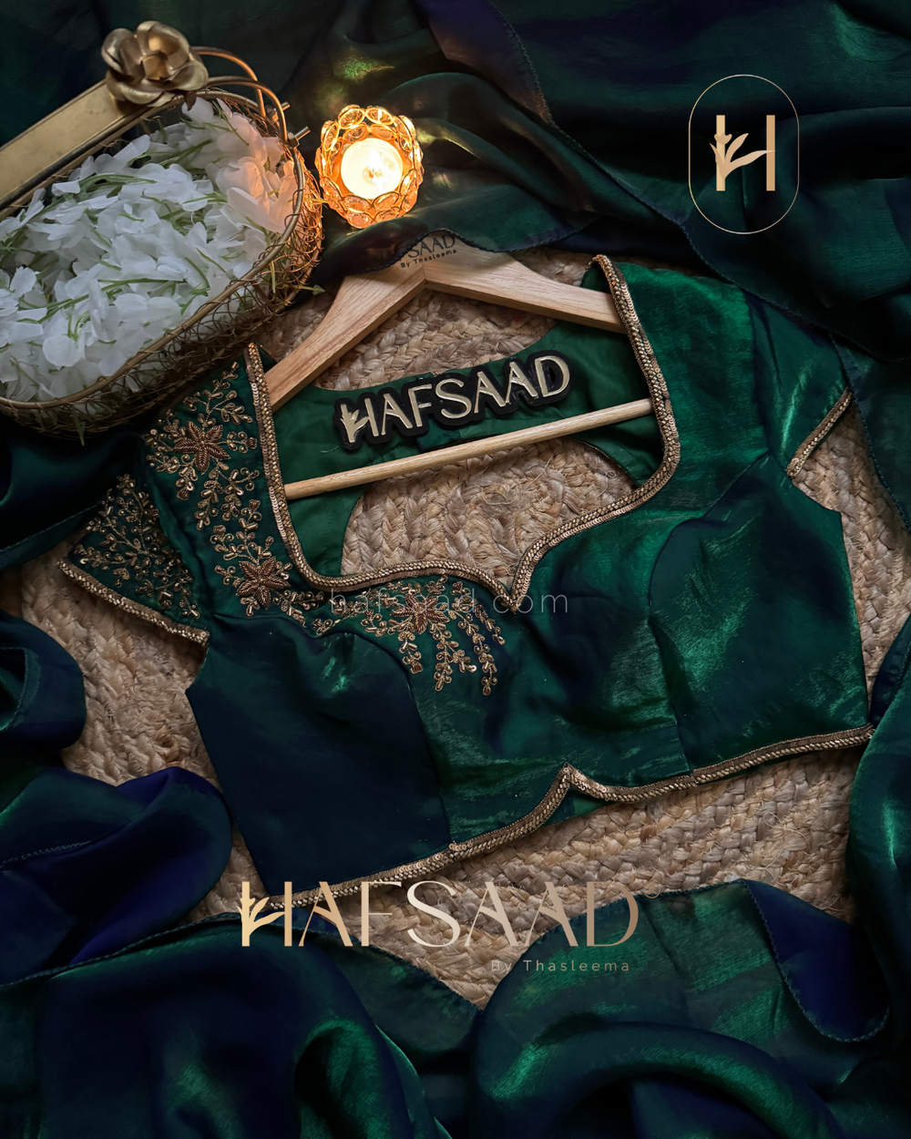 EMERALD GREEN Stardust Satin Saree paried with Same Material Blouse with Artisanal Handwork